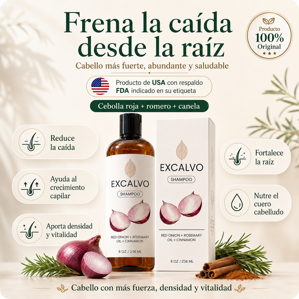 Frena la caída desde la raíz con Excalvo Shampoo USA